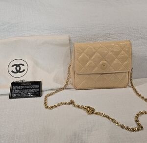 Chanel Lizard Mini Flap Bag Square Quilted Cream Gold Exotic Croc Purse Classic